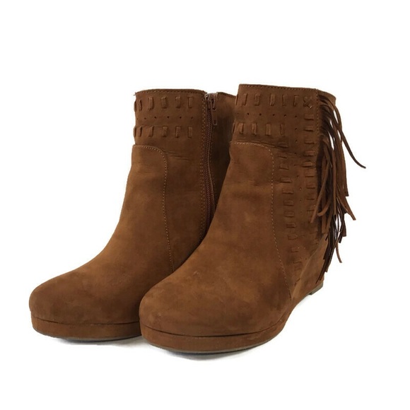 Report Shoes - Report Wedge Ankle Fringe Boots Brown Zip Up